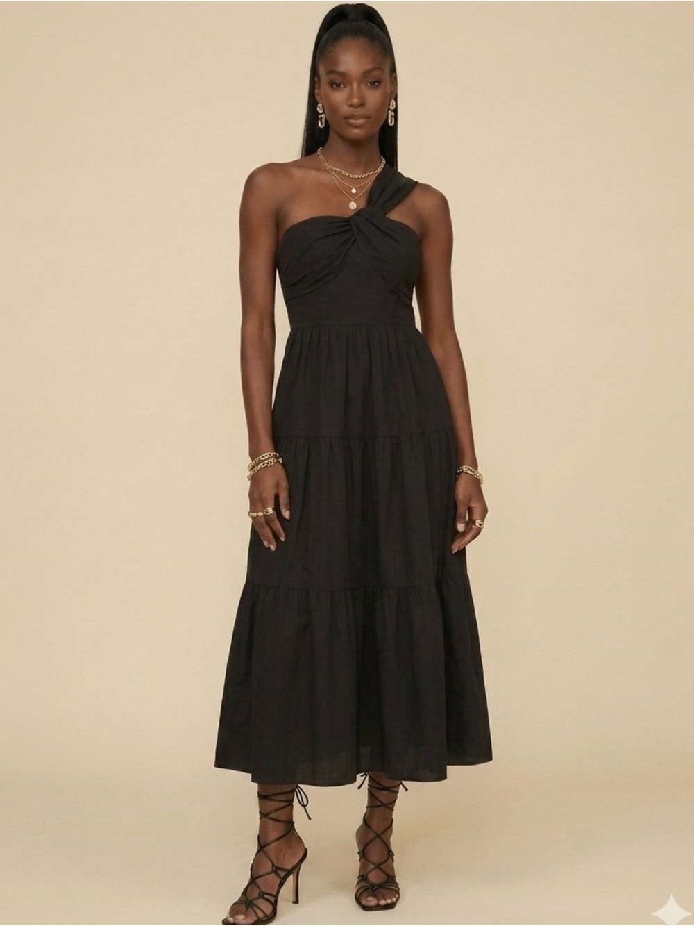 Lucy Paris Black Christy One Shoulder PoplinTiered Midi Capsule Wardrobe Dress S